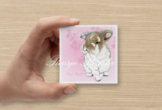 Cadeaukaartje met lief konijntje in bruin en wit tinten. Met een roze achtergrond